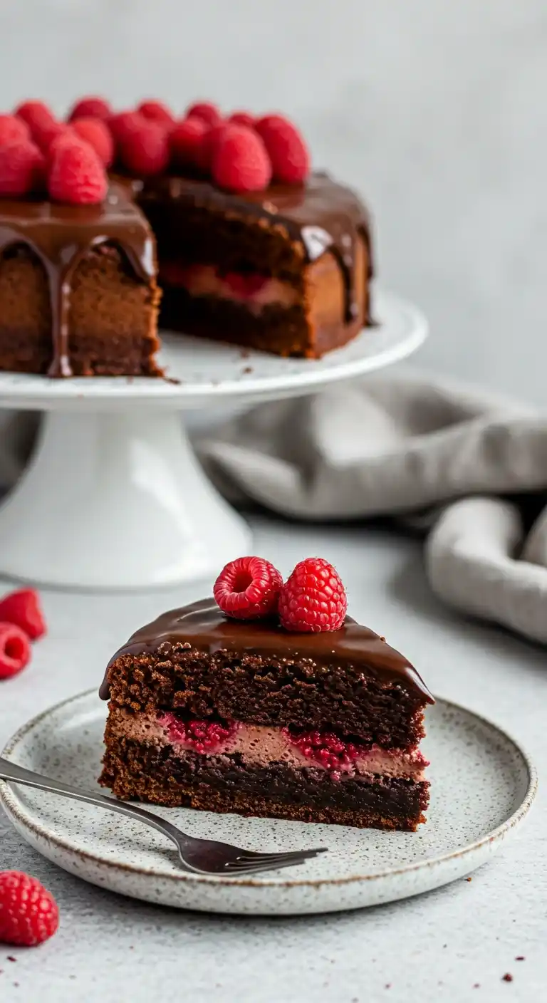 Un morceau de gâteau aux framboises et chocolat est présenté en gros plan, avec des framboises fraîches sur le dessus et une couche de crème de framboise entre les couches de gâteau au chocolat. Un gâteau entier similaire est visible en arrière-plan sur un présentoir, soulignant la gourmandise de ce dessert.