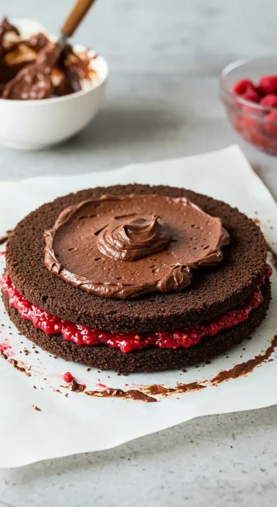 Un gâteau aux framboises et chocolat en cours d'assemblage. On voit deux disques de gâteau au chocolat, avec une garniture de purée de framboises entre les deux, et une couche de glaçage au chocolat sur le disque du haut. Un bol de glaçage au chocolat et un bol de framboises se trouvent en arrière-plan.