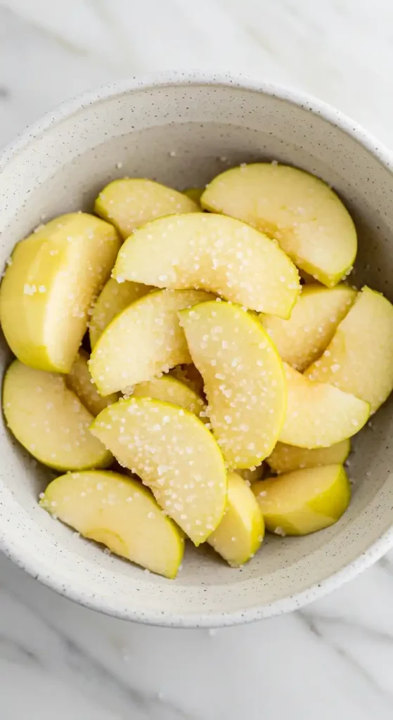 Gros plan sur un bol de tranches de pommes, saupoudrées de sucre, prêtes à être utilisées dans un gateau cannelle pomme.