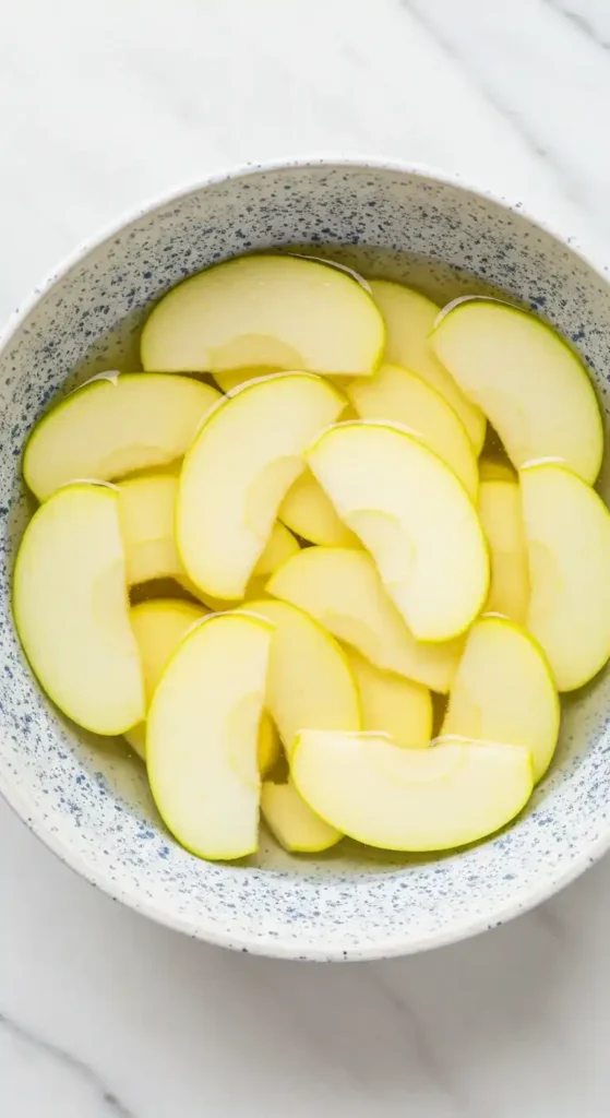 Des tranches de pommes vertes, baignant dans un bol d'eau, sont saupoudrées de sucre et mélangées rapidement à la main. Du jus de citron, de l'huile, des œufs et de l'extrait de vanille sont ajoutés au mélange de pommes, constituant les étapes initiales pour la préparation d'un gâteau cannelle pomme. Les pommes ont une couleur claire et vive.