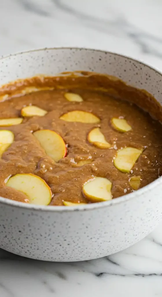 La pâte à gâteau cannelle pomme, d'une couleur brun doré, est versée dans un bol de cuisson et garnie de fines tranches de pommes. Le mélange est prêt à être enfourné pour devenir un délicieux gâteau cannelle pomme. La surface de la pâte est lisse et brillante, avec des tranches de pommes réparties de manière uniforme.