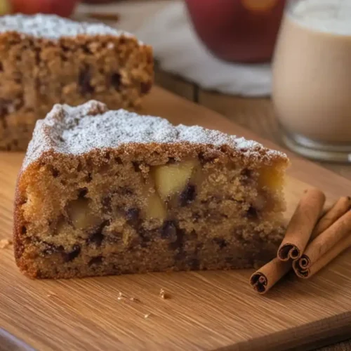 Vue en gros plan d'une part de gateau cannelle pomme, saupoudrée de sucre glace, posée sur une planche à découper en bois. Des bâtons de cannelle sont disposés à côté. À l'arrière-plan, on aperçoit une autre part de gâteau, des pommes rouges et un verre de boisson laiteuse. L'ensemble évoque une ambiance chaleureuse et gourmande.