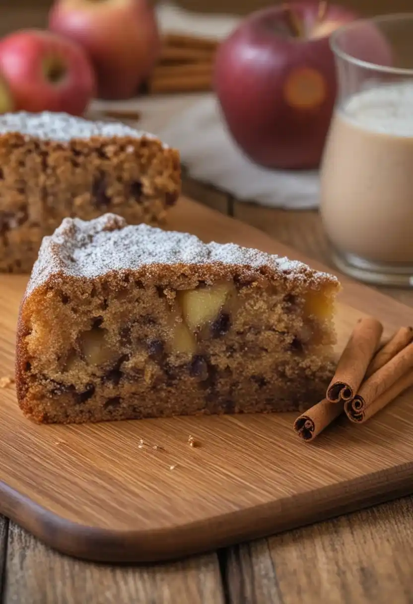 Vue en gros plan d'une part de gateau cannelle pomme, saupoudrée de sucre glace, posée sur une planche à découper en bois. Des bâtons de cannelle sont disposés à côté. À l'arrière-plan, on aperçoit une autre part de gâteau, des pommes rouges et un verre de boisson laiteuse. L'ensemble évoque une ambiance chaleureuse et gourmande.