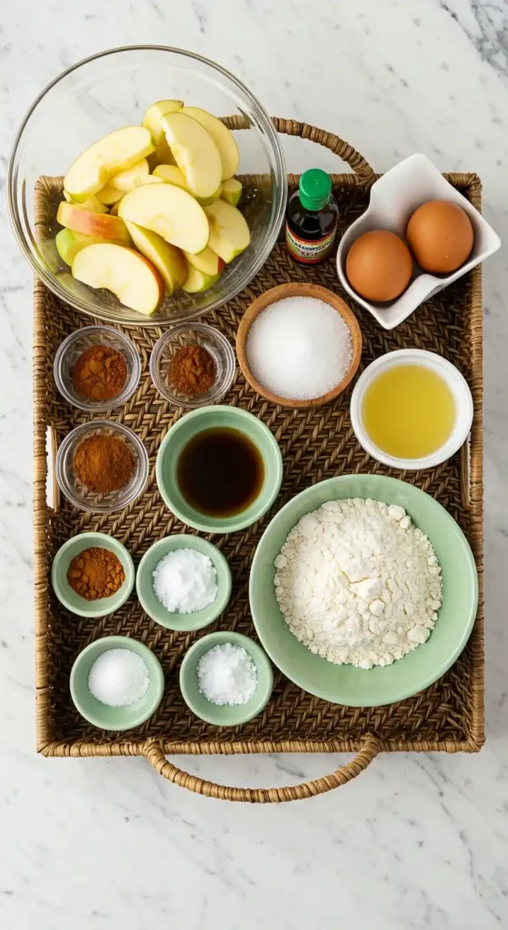 Ingrédients pour un gâteau cannelle pomme, arrangés sur un plateau en osier.