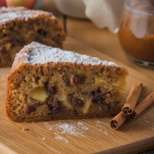 Image rapprochée d'une part de gateau cannelle pomme, généreusement saupoudrée de sucre glace, présentée sur une planche en bois. On distingue clairement les morceaux de pomme et les raisins secs à l'intérieur. Deux bâtons de cannelle entiers sont posés à côté de la part. En arrière-plan flou, une autre part de gâteau, une pomme et un verre contenant une boisson ambrée. La scène évoque une dégustation automnale et chaleureuse.