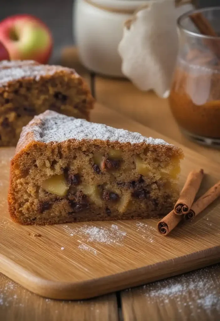 Image rapprochée d'une part de gateau cannelle pomme, généreusement saupoudrée de sucre glace, présentée sur une planche en bois. On distingue clairement les morceaux de pomme et les raisins secs à l'intérieur. Deux bâtons de cannelle entiers sont posés à côté de la part. En arrière-plan flou, une autre part de gâteau, une pomme et un verre contenant une boisson ambrée. La scène évoque une dégustation automnale et chaleureuse.