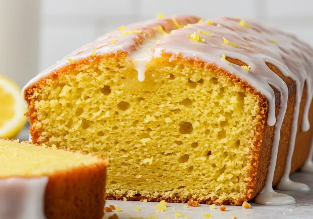 Vue rapprochée d'un gâteau yaourt citron, moelleux et doré, avec un glaçage au citron délicatement coulant sur le dessus.