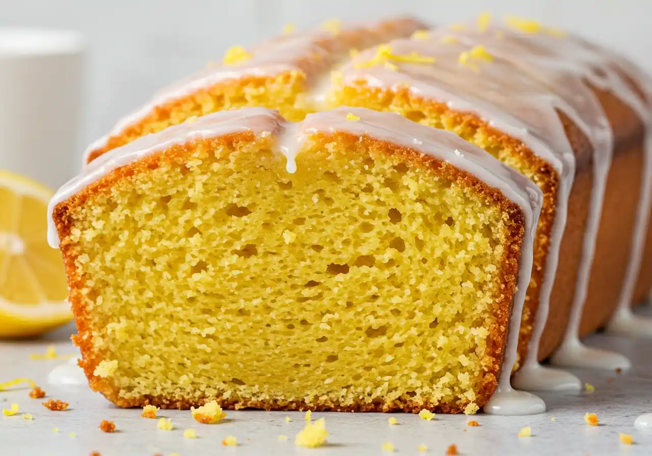 Une tranche de gâteau yaourt citron parfaitement coupée, mettant en valeur sa texture légère et aérienne, surmontée d'un glaçage citronné.