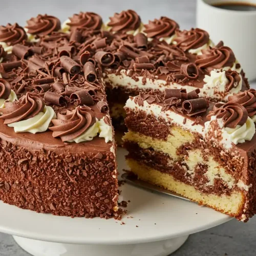 Gâteau marbré décoré de glaçage au chocolat et à la vanille, avec des copeaux de chocolat sur le dessus. Une part est coupée pour révéler l'intérieur marbré. Une tasse de café blanche est posée en arrière-plan sur une table grise.