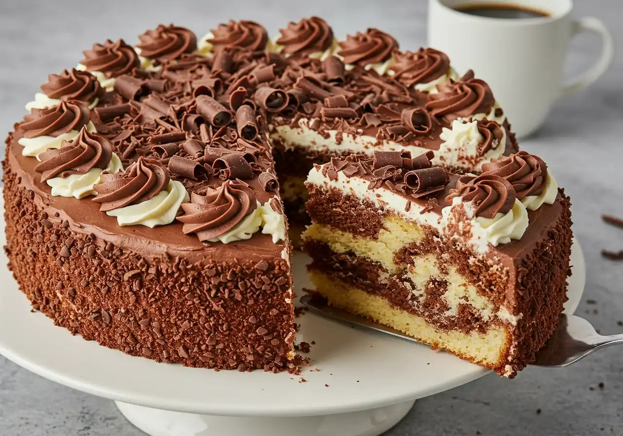 Gâteau marbré décoré de glaçage au chocolat et à la vanille, avec des copeaux de chocolat sur le dessus. Une part est coupée pour révéler l'intérieur marbré. Une tasse de café blanche est posée en arrière-plan sur une table grise.