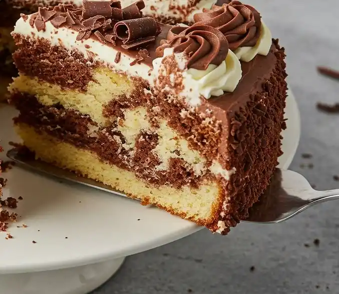 Part de gâteau marbré montrant les couches tourbillonnées de vanille et de chocolat, avec un glaçage au chocolat et des copeaux de chocolat sur le dessus. Posé sur une assiette, prêt à être dégusté.