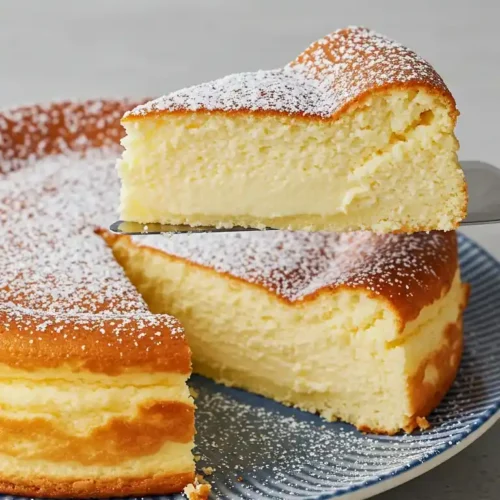 Gâteau nuage Yaourt léger et moelleux, avec un intérieur jaune clair et une surface dorée, saupoudré de sucre glace, sur une assiette à rayures bleues et blanches