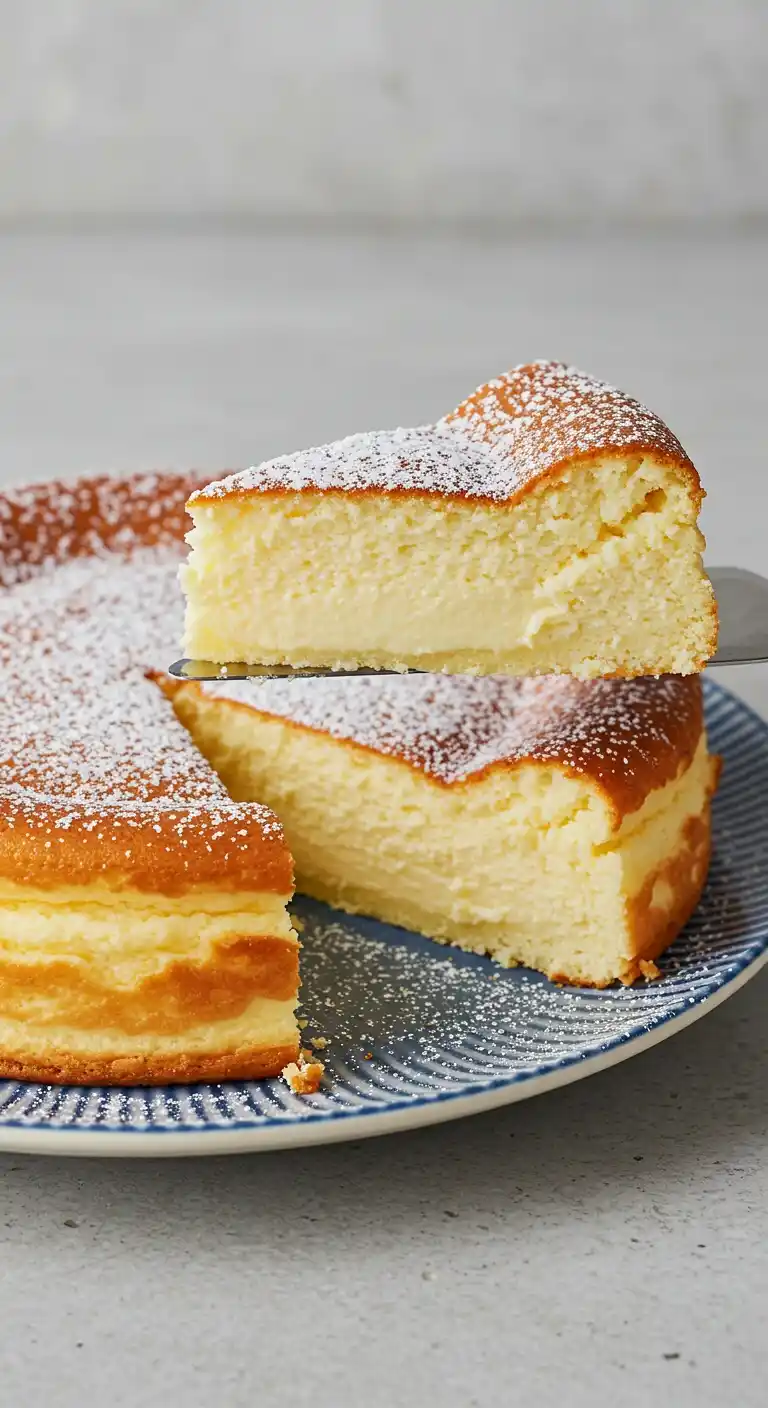 Gâteau nuage Yaourt léger et moelleux, avec un intérieur jaune clair et une surface dorée, saupoudré de sucre glace, sur une assiette à rayures bleues et blanches