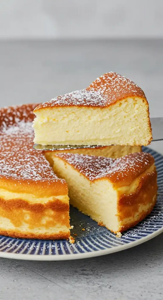 Gâteau nuage Yaourt  léger et moelleux, avec un intérieur jaune clair et une surface dorée, saupoudré de sucre glace, sur une assiette à rayures bleues et blanches