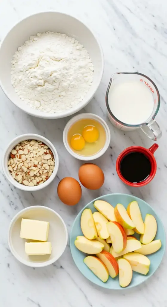 Vue de dessus des ingrédients disposés sur un plan de travail en marbre, prêts pour préparer un Gâteau Pomme Amandes. On y voit une grande coupe remplie de farine, un pichet de lait, une petite coupe avec des amandes effilées, une autre avec deux œufs cassés, un ramequin rouge contenant un liquide foncé, deux œufs entiers, une petite coupe avec du beurre coupé en morceaux et une assiette bleue avec des quartiers de pomme.