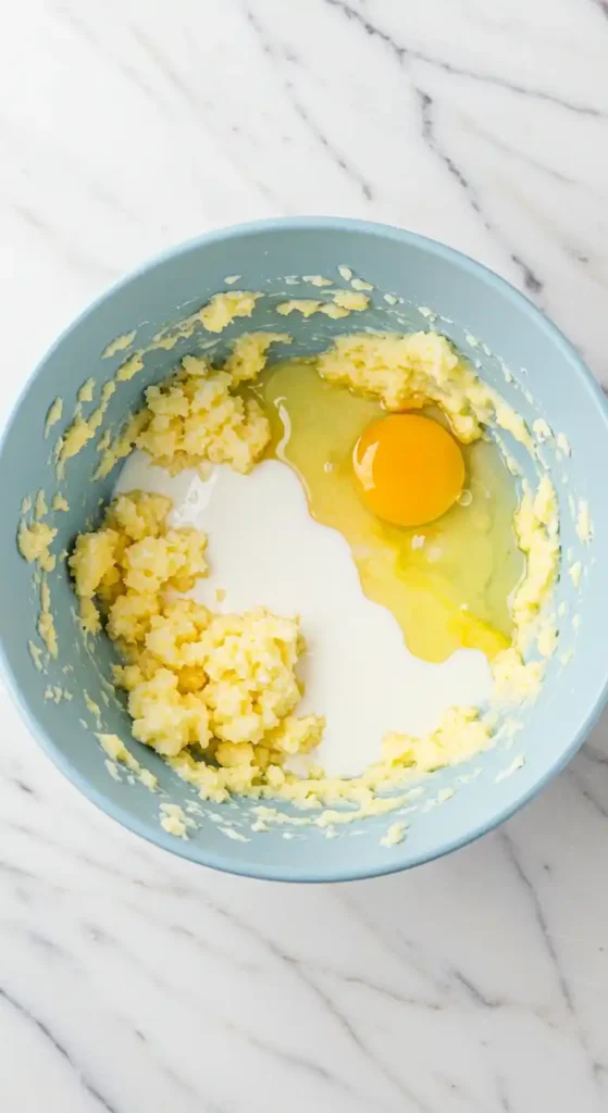 Une vue de dessus d'un bol bleu clair sur un comptoir en marbre blanc. Le bol contient un mélange de pâte à gâteau pour un Gâteau Pomme Amandes. On peut voir des morceaux de beurre crémeux jaune clair, du lait blanc, et un œuf entier jaune orange, prêts à être mélangés pour créer un délicieux gâteau.