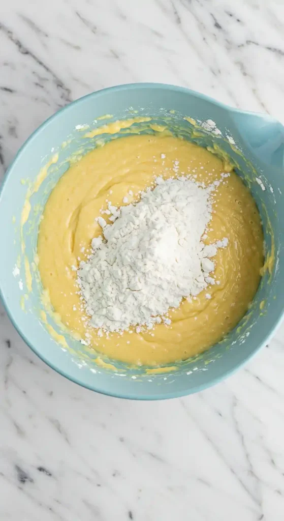 Préparation d'un gâteau pomme amandes : une pâte jaune crémeuse se trouve dans un bol bleu, avec de la farine ajoutée en son centre. L'image illustre une étape clé de la recette où la farine est incorporée à la pâte.