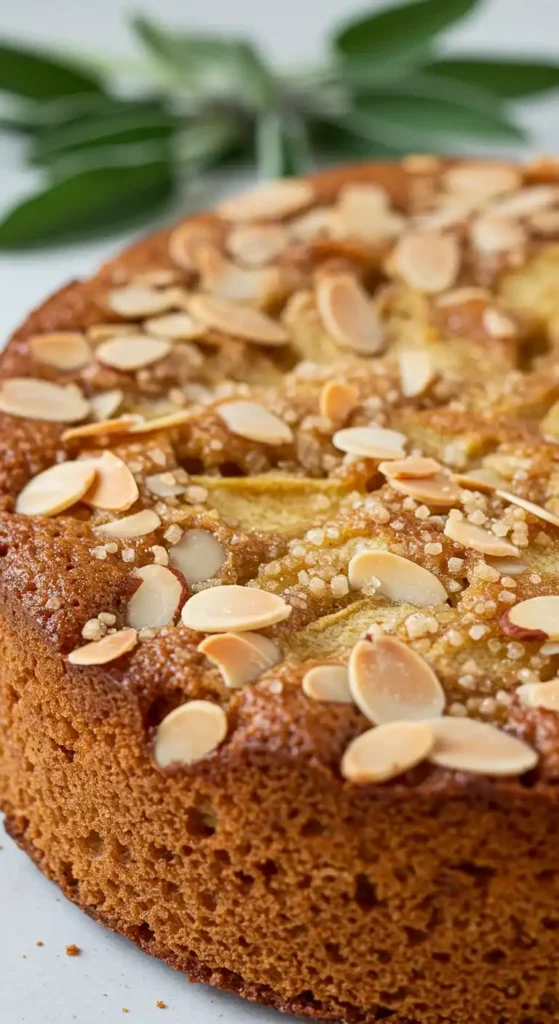 Image rapprochée d'un savoureux Gâteau Pomme Amandes rond, avec une croûte dorée et des amandes effilées parsemées sur le dessus. On aperçoit également des morceaux de sucre cristal.