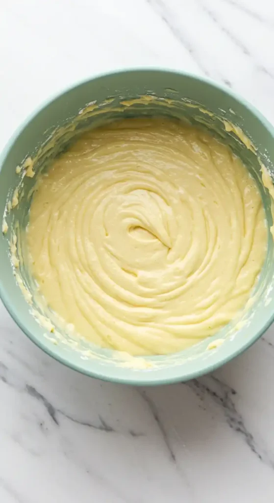 Une vue rapprochée et aérienne d'une pâte à gâteau, d'un jaune crémeux, prête à être cuite pour un délicieux Gâteau Pomme Amandes. La pâte est contenue dans un bol de cuisine vert et repose sur un comptoir en marbre blanc. On remarque la texture lisse et onctueuse, avec des traces tourbillonnantes laissées par le fouettage, indiquant qu'elle est bien mélangée et prête à être versée dans un moule. Cette préparation promet un succulent Gâteau Pomme Amandes fait maison.