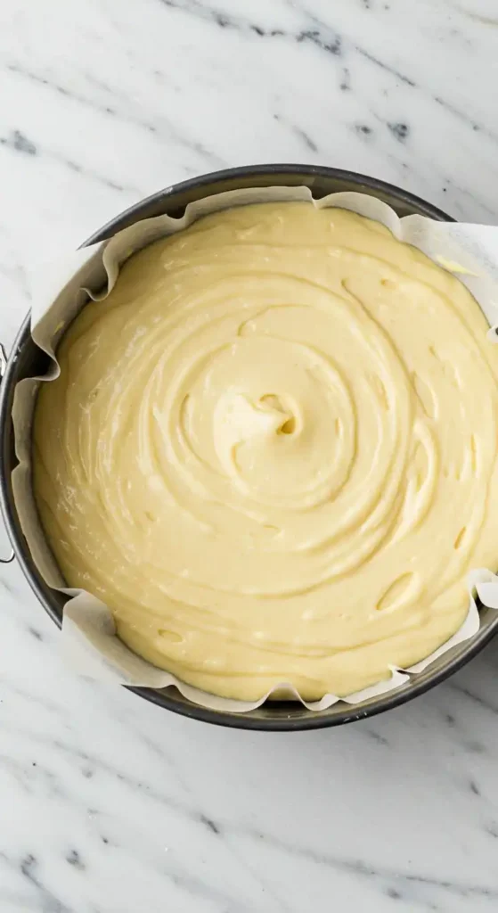 Gros plan du dessus d'une pâte à gâteau jaune pâle, disposée en spirale dans un moule à charnière rond tapissé de papier sulfurisé. Cette pâte onctueuse est prête à être cuite pour un délicieux Gâteau Pomme Amandes