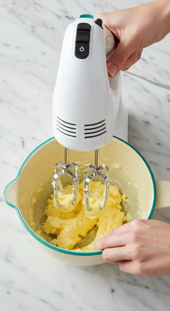 Image d'un batteur électrique en action, mélangeant du beurre ramolli dans un bol. On voit les deux fouets du batteur plongés dans le beurre, dans le cadre de la préparation d'un Gâteau Pomme Amandes. La personne tient fermement le batteur à deux mains, prête à continuer le mélange.