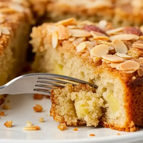 Un gros plan d'une part de gâteau pomme amandes sur un présentoir blanc. Une fourchette en acier enfonce le gâteau, révélant des morceaux de pomme à l'intérieur. Le gâteau est doré et recouvert d'amandes effilées. Des miettes et quelques amandes jonchent l'assiette. Le reste du gâteau est flou à l'arrière-plan.