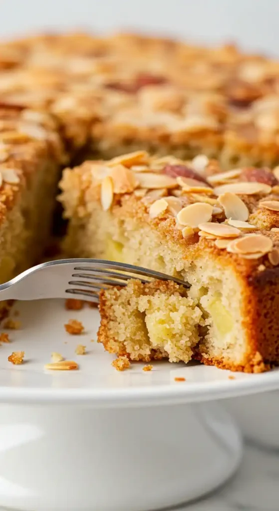 Un gros plan d'une part de gâteau pomme amandes sur un présentoir blanc. Une fourchette en acier enfonce le gâteau, révélant des morceaux de pomme à l'intérieur. Le gâteau est doré et recouvert d'amandes effilées. Des miettes et quelques amandes jonchent l'assiette. Le reste du gâteau est flou à l'arrière-plan.