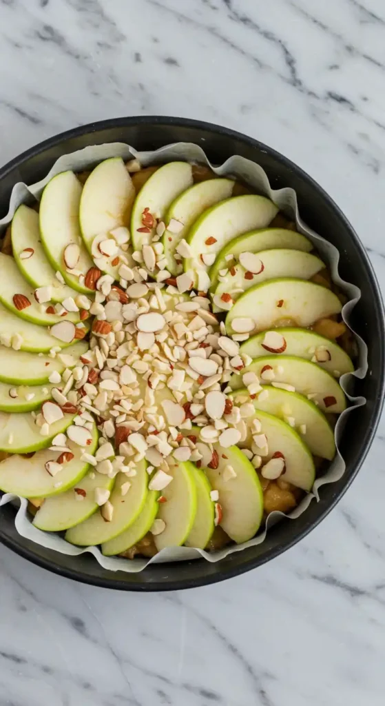 Vue de dessus d'un gâteau pomme amandes cru, dans un moule à gâteau noir rond, prêt à cuire. Le fond de pâte est recouvert de tranches de pommes vertes disposées en cercle et de morceaux d'amandes effilées éparpillés sur le dessus. Le moule est recouvert de papier sulfurisé. Le tout est posé sur une surface en marbre blanc.