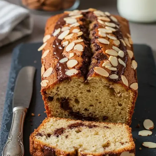 Image en gros plan d'un délicieux gâteau yaourt pépite chocolat, tranché et présenté sur une ardoise. Le gâteau est garni d'une coulée de chocolat fondu et d'amandes effilées. On distingue également un pot en verre rempli d'amandes entières en arrière-plan, ainsi qu'une bouteille de lait. La photo met en valeur la texture moelleuse et les pépites de chocolat du gâteau yaourt, une gourmandise parfaite pour le petit-déjeuner ou le goûter.