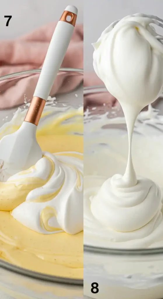 Deux images juxtaposées illustrant les étapes de préparation de la crème pour le glaçage mille feuille. L'image de gauche (7) montre de la crème fouettée, blanche et mousseuse, délicatement incorporée à une crème pâtissière jaune. Une spatule blanche à manche cuivré est utilisée pour mélanger les deux préparations. L'image de droite (8) montre de la crème fouettée, lisse et brillante, qui est soulevée avec un fouet, témoignant de sa texture légère et aérée, prête pour le glaçage du mille feuille.