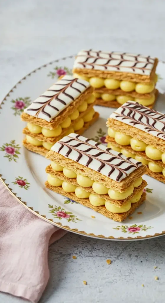 Quatre mille feuilles élégamment présentés sur une assiette à motifs floraux, la douceur du glaçage mille feuille mise en valeur. Chaque pâtisserie révèle des couches de pâte feuilletée croustillante et une généreuse garniture de crème pâtissière. Le glaçage blanc sur le dessus est orné de motifs de chocolat noir. Un linge rose clair ajoute une touche de couleur délicate au fond.