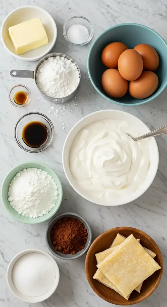 Vue de dessus des ingrédients nécessaires pour préparer un glaçage mille feuille. On distingue du beurre, du sucre glace en deux quantités différentes, du sucre blanc, des oeufs, de la crème fraîche, de l'extrait de vanille, de l'extrait de café et de la poudre de cacao. Une petite assiette en bois contient des carrés de pâte feuilletée.