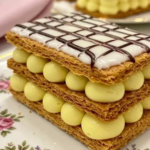 Vue rapprochée d'un mille feuille, mettant en valeur son glaçage mille feuille caractéristique. Des couches de pâte feuilletée croustillante alternent avec des boules généreuses de crème pâtissière jaune, tandis que le dessus est recouvert d'un glaçage blanc orné de fines lignes de chocolat. L'assiette sur laquelle il est disposé est décorée de motifs floraux et bordée d'or. D'autres mille feuilles, légèrement flous, sont visibles à l'arrière-plan, suggérant une présentation gourmande.