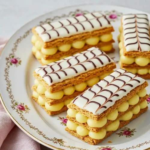 Quatre mille feuilles appétissants sont disposés sur une assiette de style ancien, mettant en valeur leur glaçage mille feuille caractéristique. Chaque pâtisserie se compose de couches de pâte feuilletée dorée, garnies d'une crème pâtissière onctueuse et surmontées d'un glaçage blanc décoré de motifs de chocolat brun. Un linge rose clair est discrètement visible en bas à gauche, offrant un contraste de couleur doux.