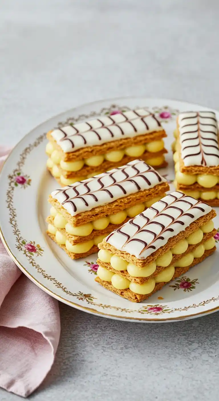 Quatre mille feuilles appétissants sont disposés sur une assiette de style ancien, mettant en valeur leur glaçage mille feuille caractéristique. Chaque pâtisserie se compose de couches de pâte feuilletée dorée, garnies d'une crème pâtissière onctueuse et surmontées d'un glaçage blanc décoré de motifs de chocolat brun. Un linge rose clair est discrètement visible en bas à gauche, offrant un contraste de couleur doux.