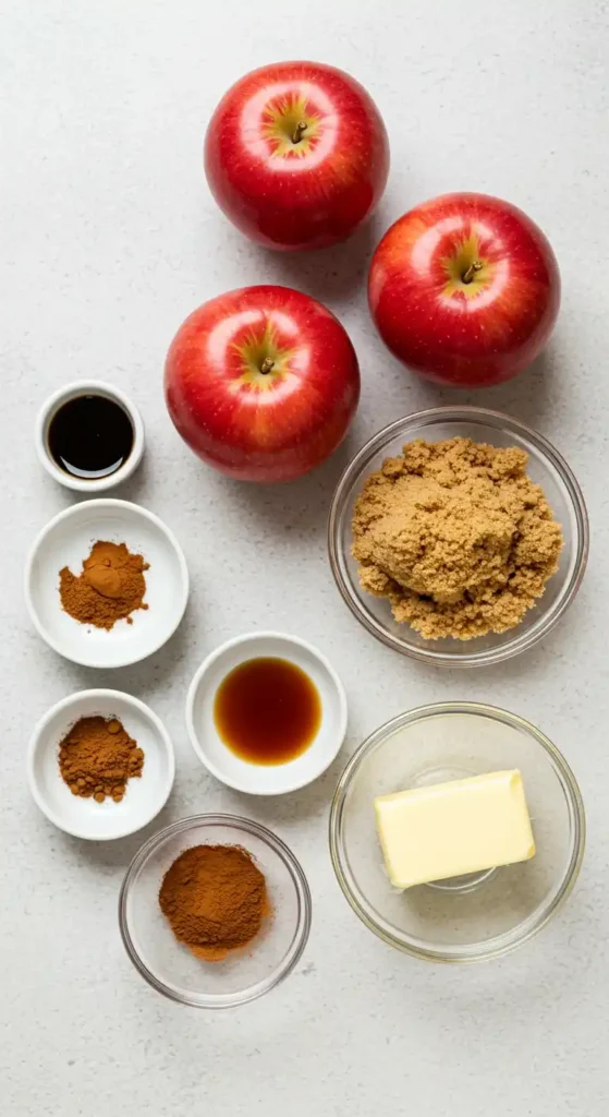 Cette photo montre les ingrédients clés pour la préparation d'un délicieux gâteau pomme banane, notamment des pommes, du beurre et plusieurs épices.