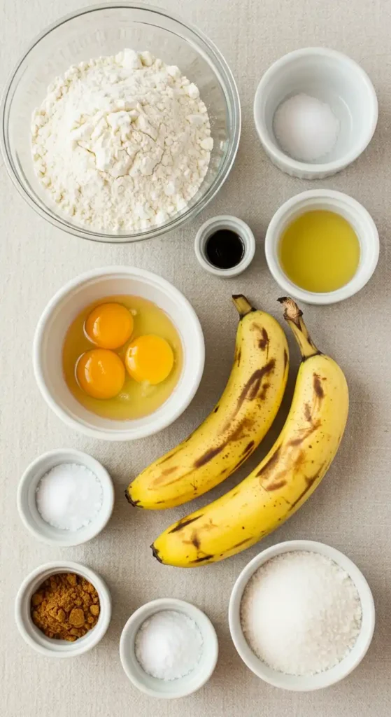 Image en vue aérienne des ingrédients nécessaires à la préparation d'un gâteau pomme banane. On y voit de la farine dans un bol en verre, trois œufs dans un bol blanc, deux bananes mûres, du sucre blanc dans un bol, de la cassonade, de l'huile, un extrait de vanille et deux bols de sel. Les ingrédients sont disposés de façon ordonnée sur une surface de couleur claire.