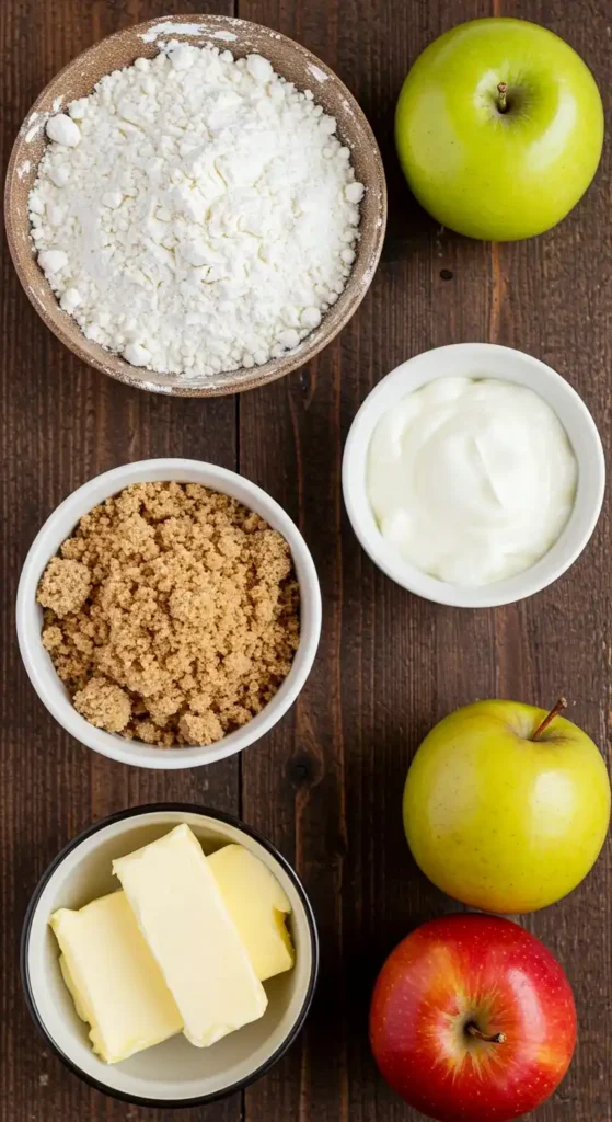 Ingrédients pour un gâteau aux pommes caramélisées : farine, sucre roux, beurre, yaourt et pommes.