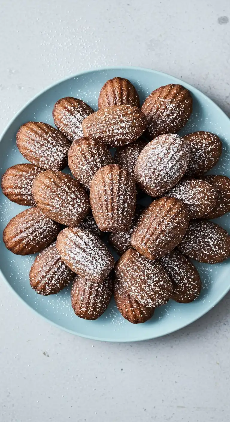 Vue de dessus d'une assiette bleue élégante, généreusement remplie de madeleines au chocolat saupoudrées de sucre glace, avec un fond gris clair.