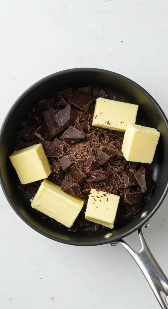 Vue de dessus d'une poêle noire contenant des morceaux de chocolat noir et des cubes de beurre, en train de fondre ensemble, pour la préparation de madeleines au chocolat.