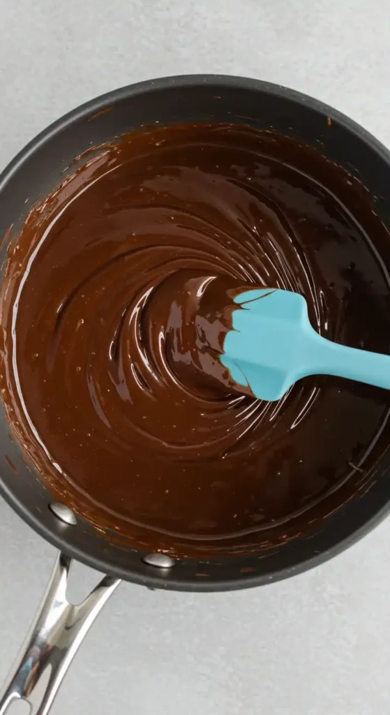 Gros plan d'une poêle noire contenant du chocolat fondu et du beurre, mélangés à l'aide d'une spatule bleue, étape de la préparation des madeleines au chocolat.