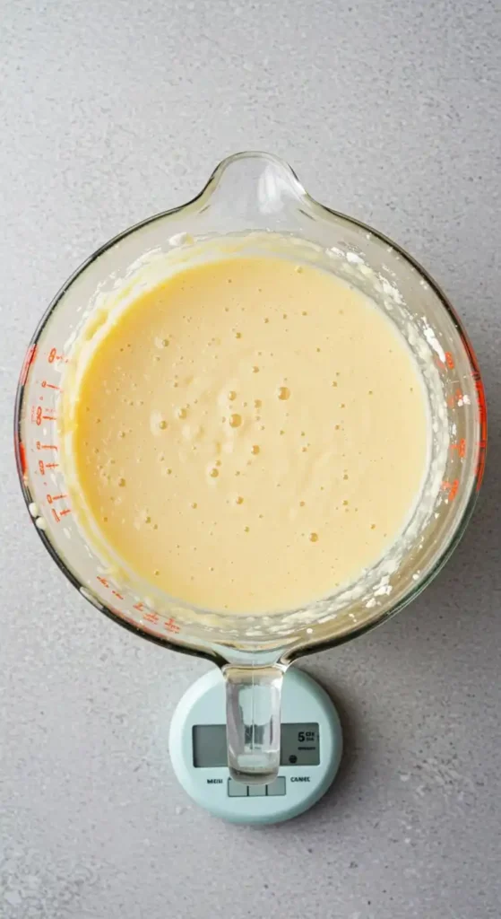 Vue de dessus d'un grand pichet en verre contenant une pâte jaune et mousseuse, pesée sur une balance numérique, étape cruciale dans la préparation des madeleines au chocolat.