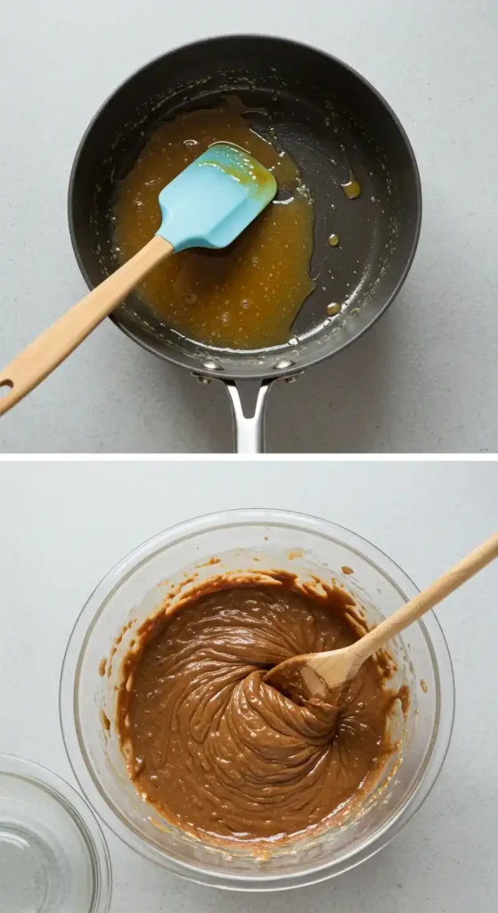 Image divisée en deux, montrant en haut une poêle avec du beurre fondu et caramélisé, remué avec une spatule bleue, et en bas un bol en verre contenant une pâte à madeleines au chocolat lisse et homogène, mélangée à l'aide d'une cuillère en bois.