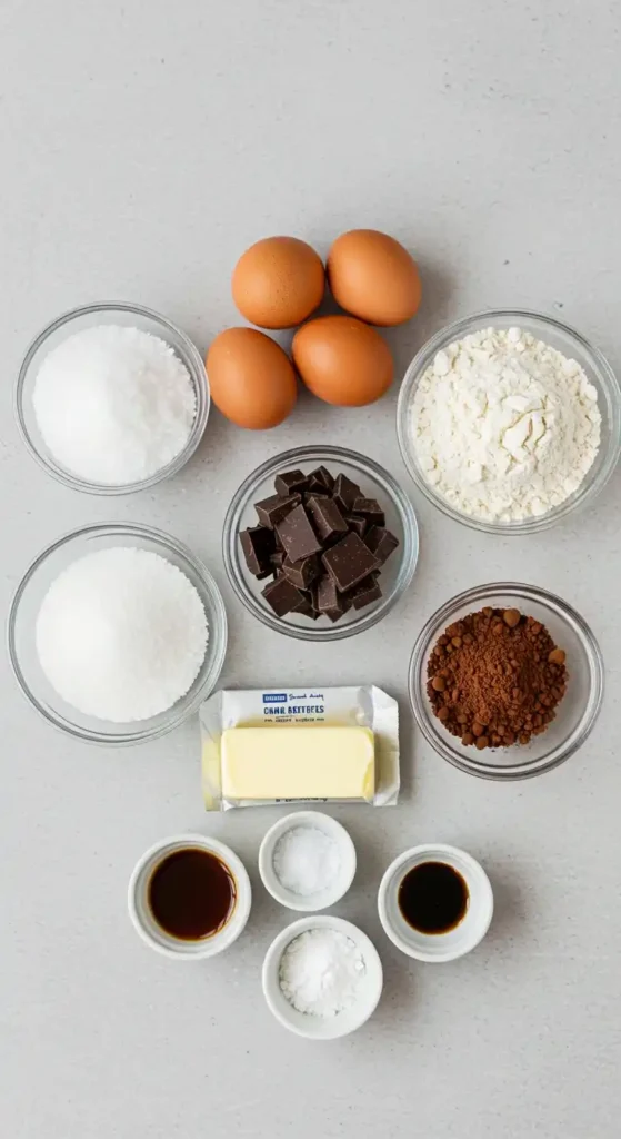 Vue de dessus d'ingrédients disposés sur un plan de travail gris, nécessaires à la préparation de madeleines au chocolat : quatre œufs, deux bols de sucre blanc, un bol de farine, un bol de cacao en poudre, un bol de chocolat noir en morceaux, une plaquette de beurre et deux petits ramequins contenant de l'extrait de vanille et deux ramequins contenant de la poudre à lever.