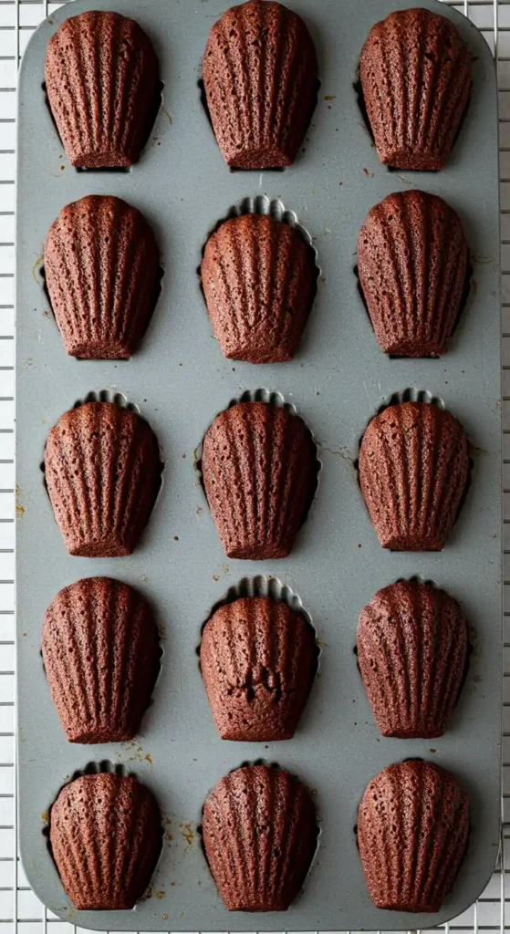 Vue du dessus d'une plaque de cuisson avec douze madeleines au chocolat parfaitement cuites, disposées dans leurs alvéoles, prêtes à être dégustées.