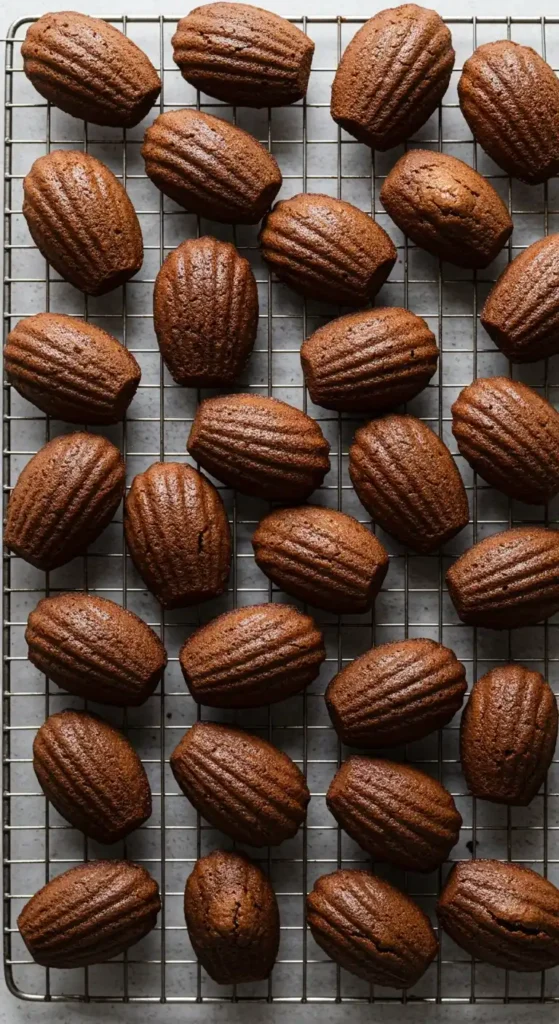 Vue plongeante sur une grille de refroidissement où sont disposées de nombreuses madeleines au chocolat, parfaitement dorées et prêtes à être servies.