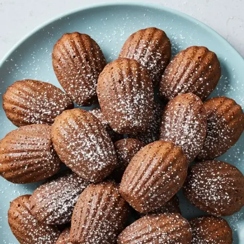 Vue de dessus d'une assiette bleue remplie de délicieuses madeleines au chocolat, saupoudrées de sucre glace, prêtes à être dégustées.