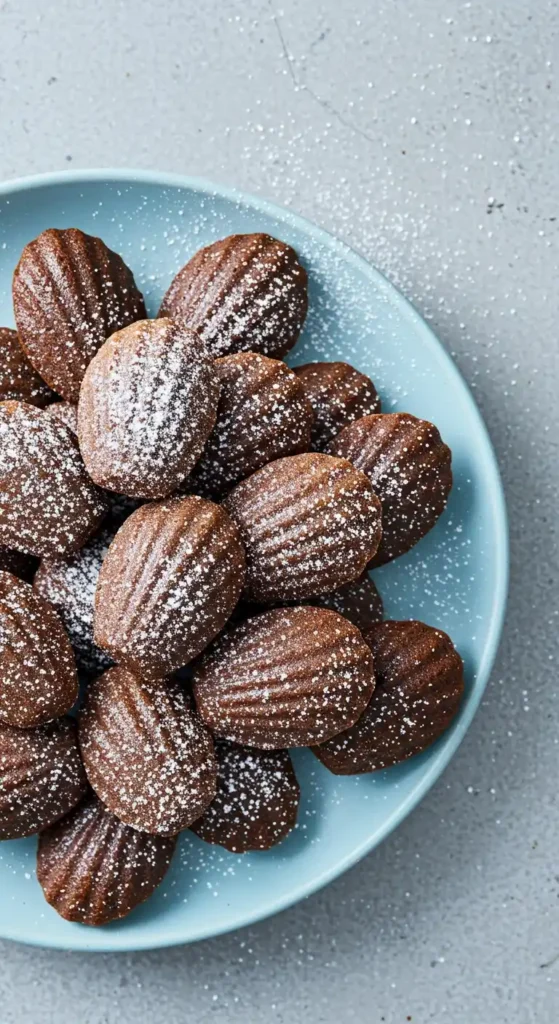 Image en plan rapproché d'une assiette bleue débordante de madeleines au chocolat fraîchement préparées, saupoudrées de sucre glace, avec un fond gris moucheté.