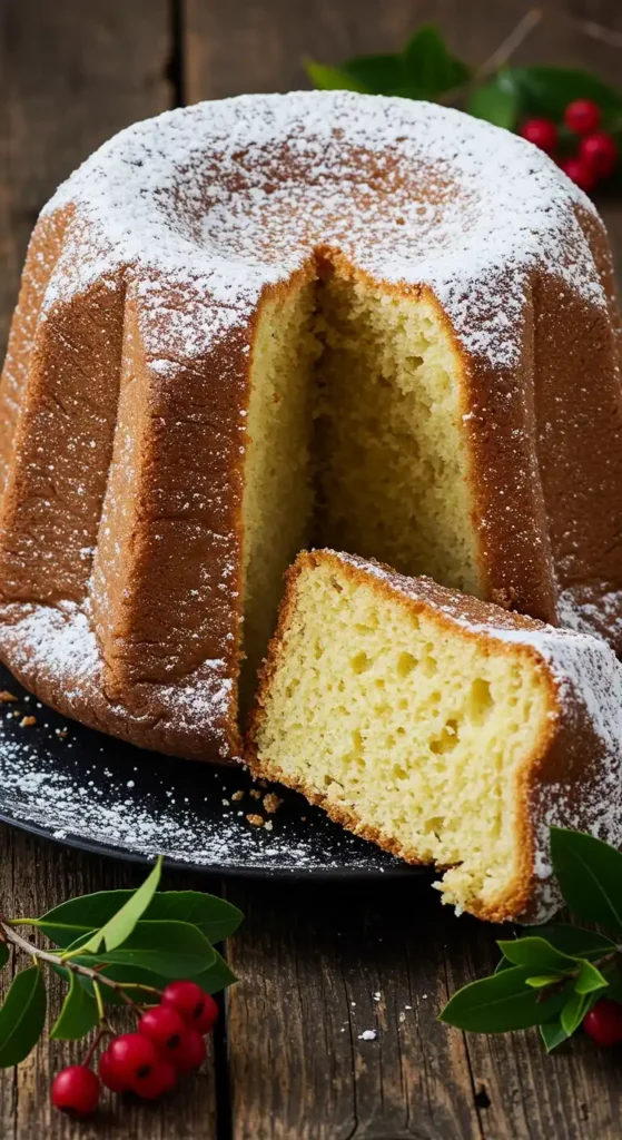 Un pandora traditionnel, saupoudré de sucre glace, est présenté sur une assiette noire, avec une part coupée montrant sa mie aérée et jaune. Le tout est posé sur une table en bois rustique, avec une branche de houx décorative et quelques baies rouges, pour une ambiance festive.