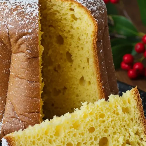 Un pandora traditionnel, généreusement saupoudré de sucre glace, est mis en scène sur une assiette noire. Une part coupée révèle une mie jaune vif, aérée et spongieuse. En arrière-plan, des branches de houx avec des baies rouges ajoutent une touche festive à la présentation.